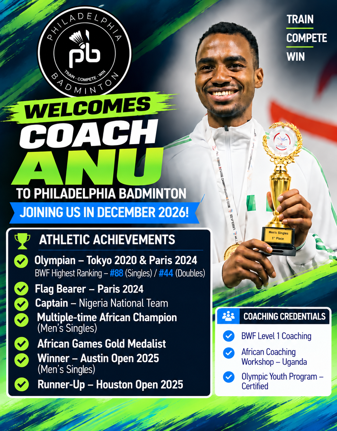 Philadelphia Badminton welcomes Coach Anu. Poster with his athletic achievements and coaching credentials.