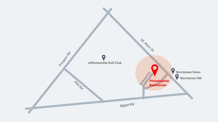 Map showing Philadelphia Badminton's location relative to nearby roads and businesses